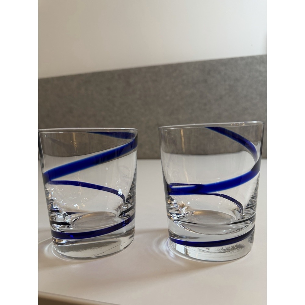 Pier 1 Swirline Cobalt Blue Double Old Fashioned Glass Blue Swirl 4" Lot of 2